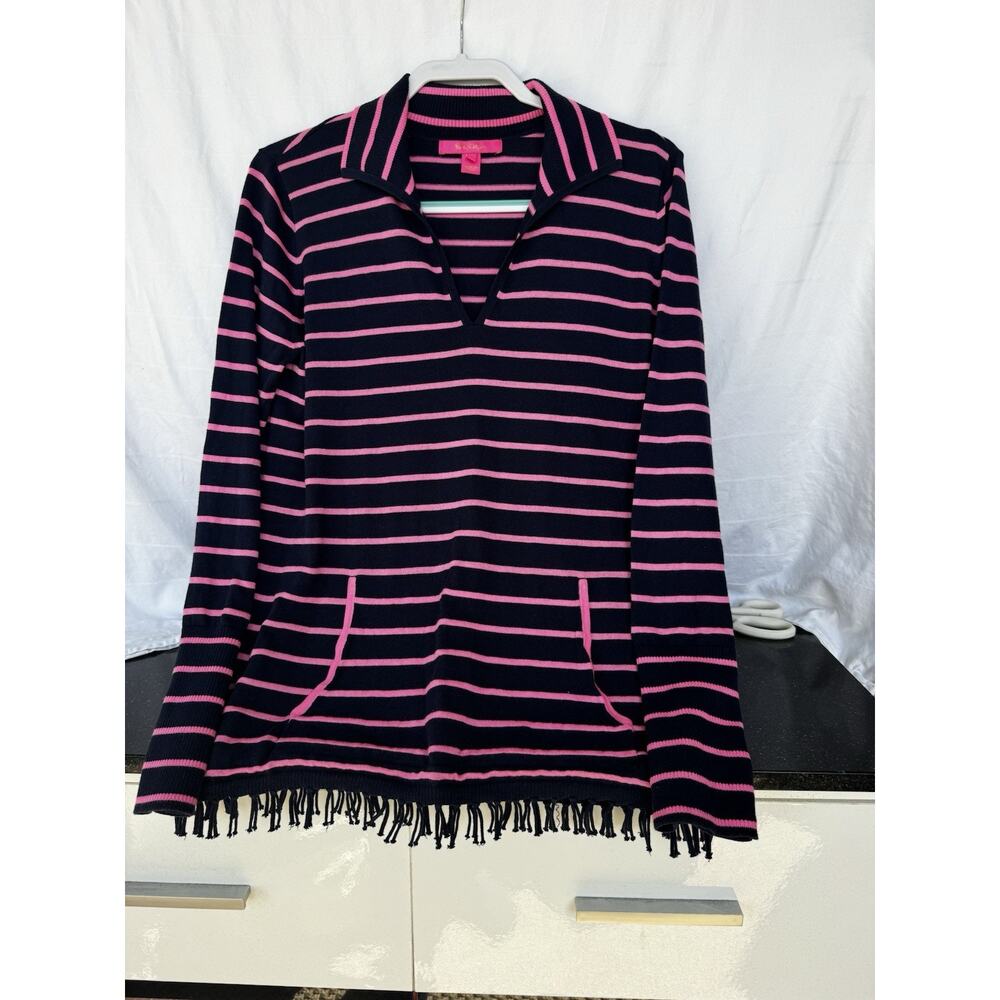 Lilly Pulitzer Womens Striped Fringe Hem Pullover Lg Coastal chic